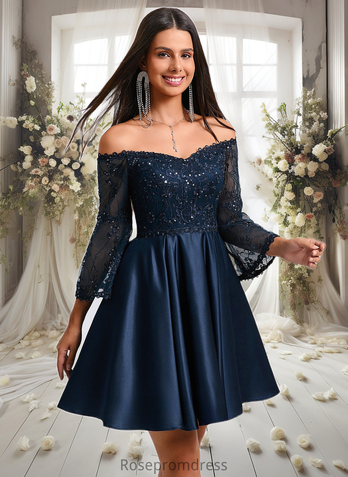 Nyasia A-line Off the Shoulder Short Satin Homecoming Dress With Sequins DSP0025651