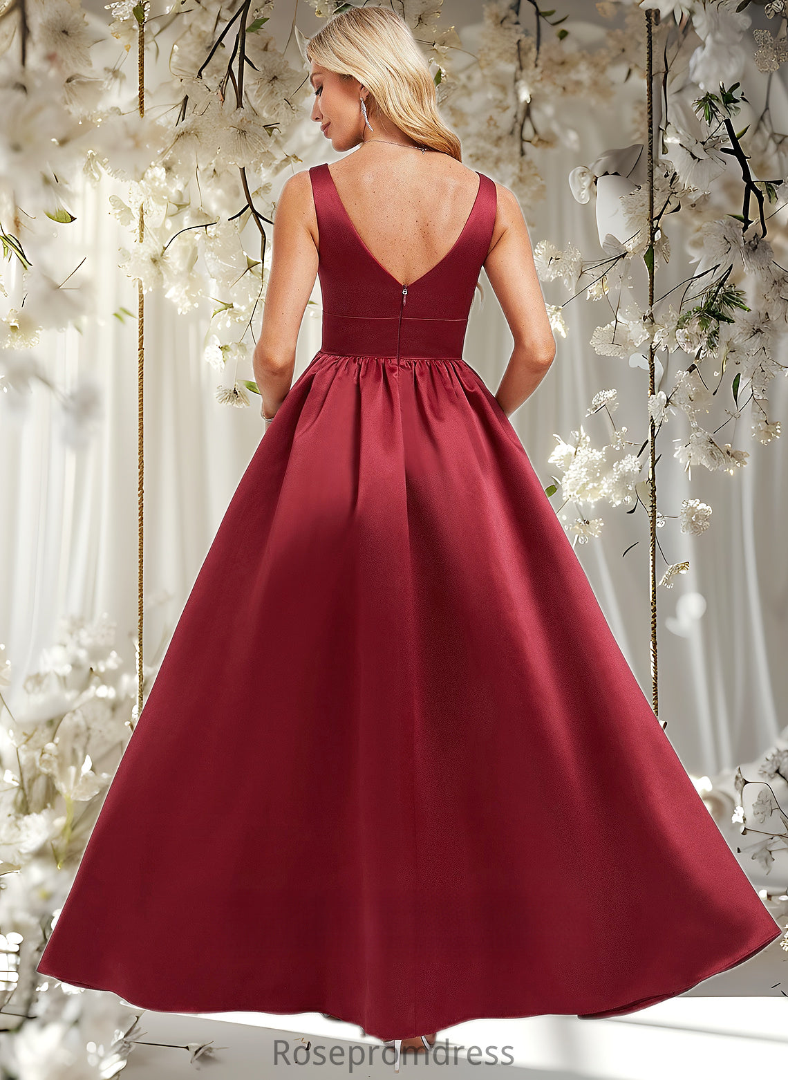Judith A-line V-Neck Floor-Length Satin Bridesmaid Dress DSP0025775