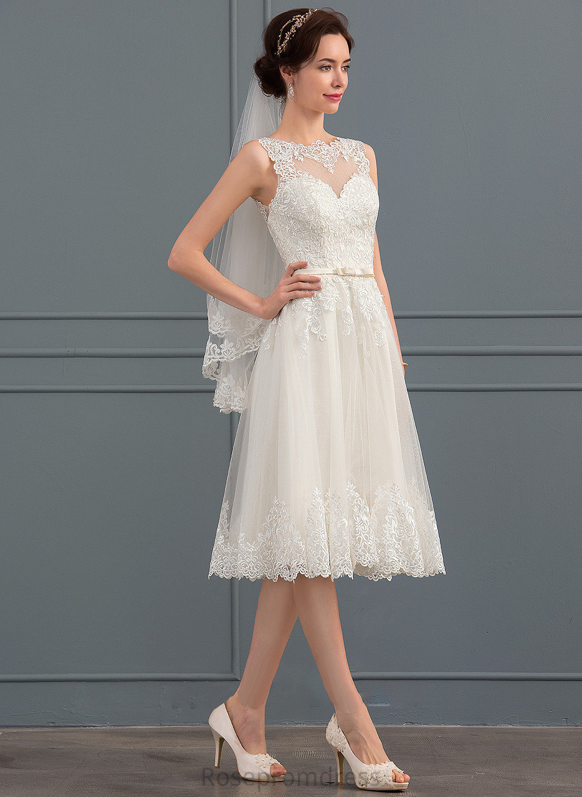 Dress Illusion Bow(s) Wedding Dresses With A-Line Wedding Knee-Length Tulle Delaney