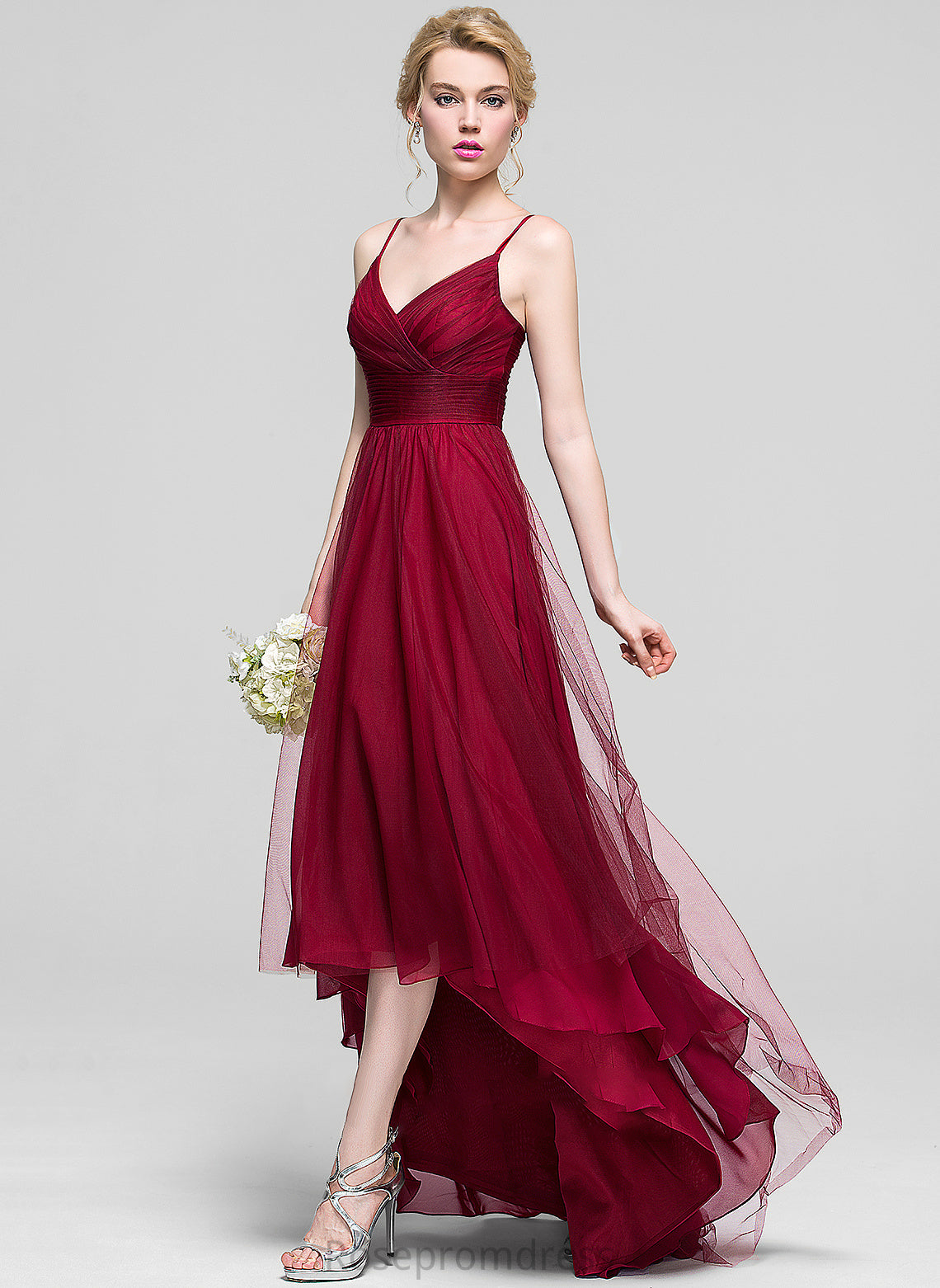 Silhouette Ruffle V-neck Fabric Embellishment Length Neckline A-Line Asymmetrical Aurora Bridesmaid Dresses