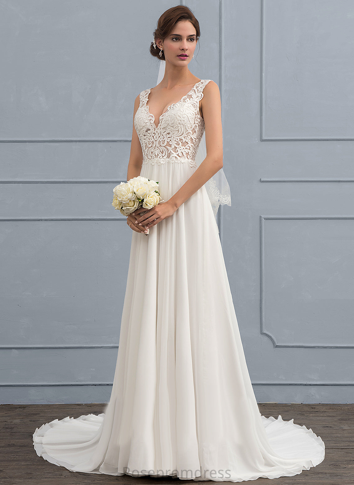 Court Chiffon A-Line Dress Train Wedding Dresses Wedding Lace V-neck Salome
