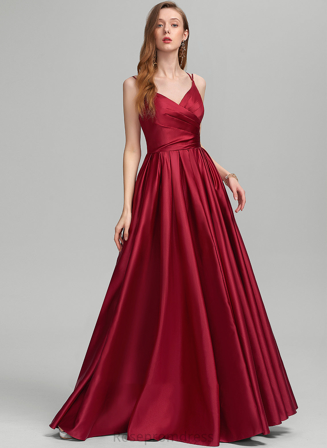 Satin Floor-Length Pockets Prom Dresses A-Line With Mckinley Ruffle V-neck