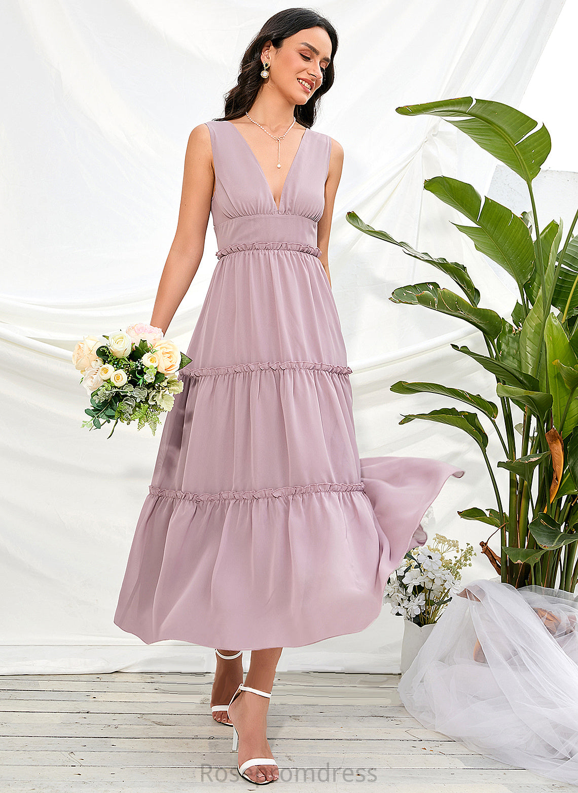 Neckline A-Line Polyester Length Silhouette Straps Fabric V-neck Tea-Length Annabel A-Line/Princess Natural Waist Bridesmaid Dresses