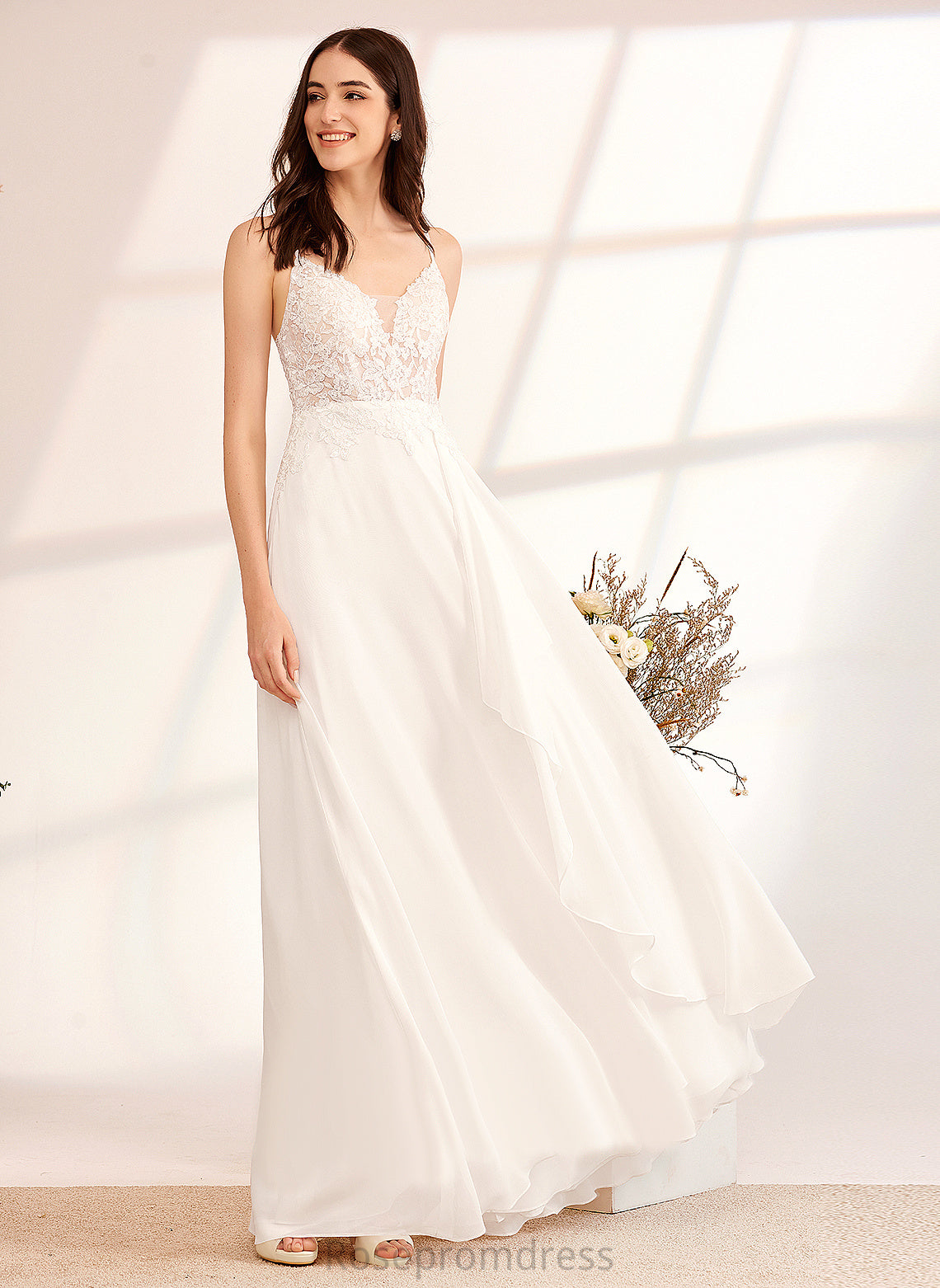 Floor-Length Wedding Wedding Dresses Chiffon Dress Anabella With A-Line V-neck Lace Sequins