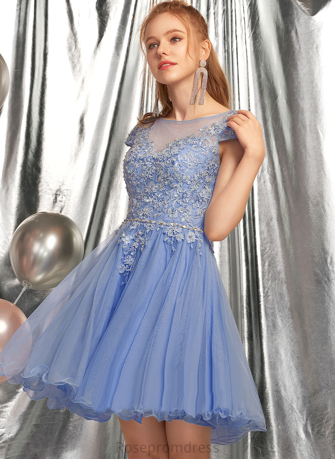A-Line Neck Scoop Kira Short/Mini Beading Dress Tulle With Appliques Homecoming Lace Homecoming Dresses Lace