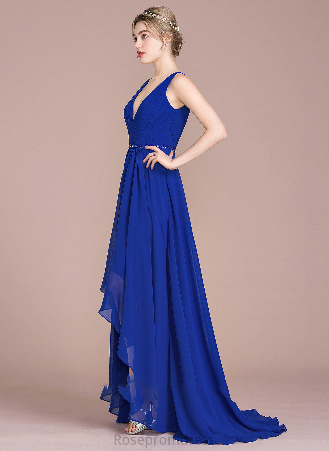 Prom Dresses Beading Chiffon Sequins Raven V-neck With A-Line Ruffle Asymmetrical
