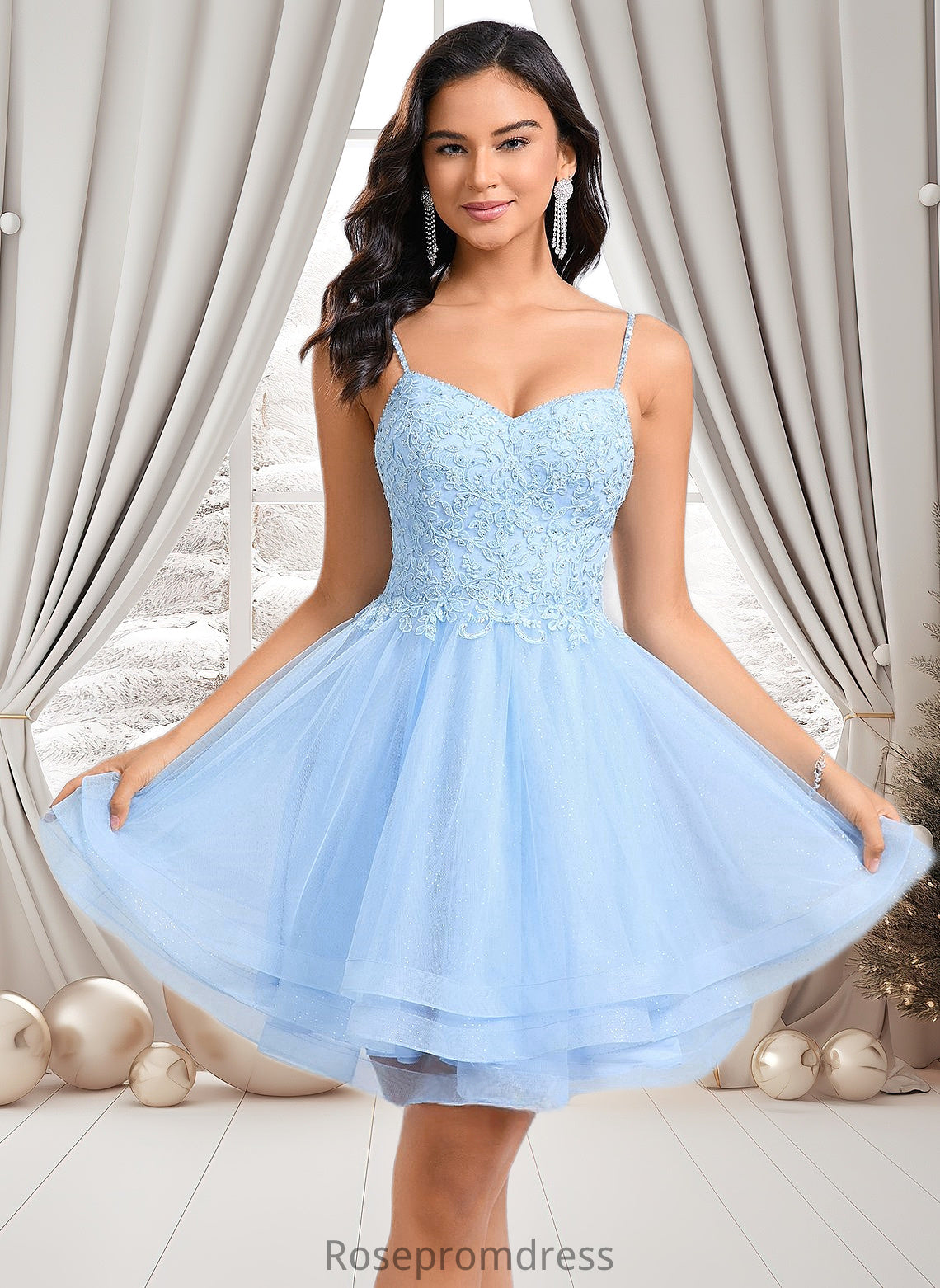 Izabella A-line V-Neck Short Lace Tulle Homecoming Dress With Rhinestone Sequins DSP0025658