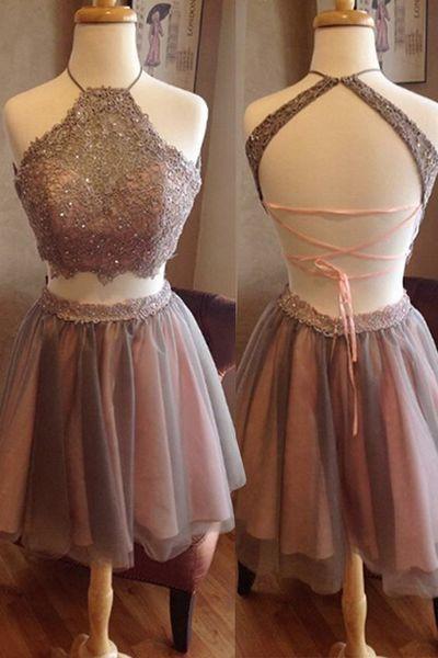 Short Two Pieces Open Back High Neck Sleeveless Homecoming Dress Graduation Dress RS359