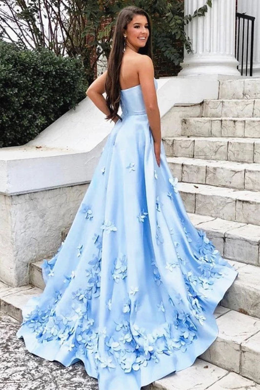 Princess A Line Strapless Blue Satin Sleeveless Prom Dresses with Pockets, Evening Dresses SRS15285