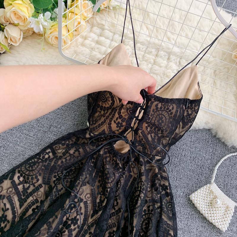 A Line Spaghetti Straps Lace V Neck Navy Blue Homecoming Dresses, Sweet 16 Dresses SRS15555