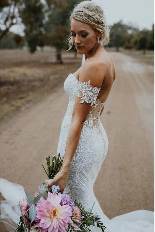 Charming Ivory V Neck Mermaid Strapless Lace Appliques Wedding Dresses, Bridal Dresses SRS15506