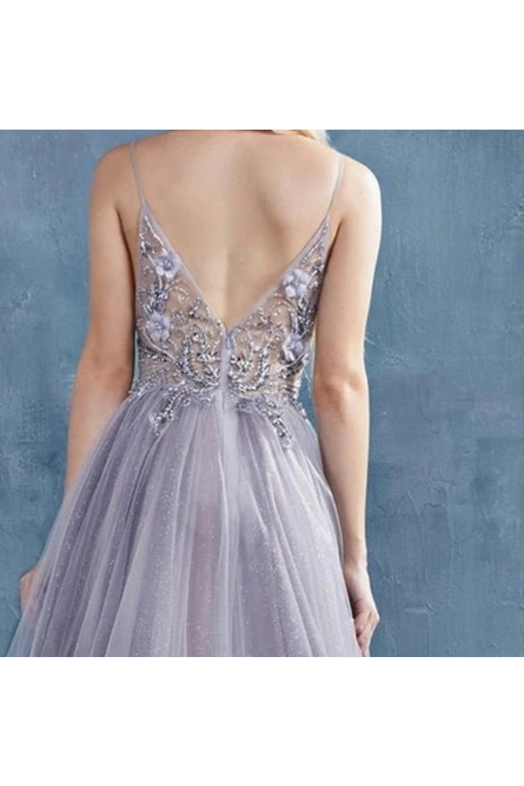 See Through Jeweled Glitter A-Line Prom Dress With High Slit Deep V Neck Long Formal SRSPX9EQ898