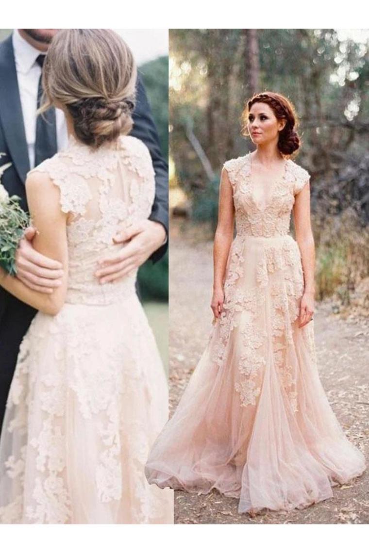 Elegant V-Neck Sleeveless Cap Sleeves Floor-Length Wedding Dress With SRSPRQZPNT7