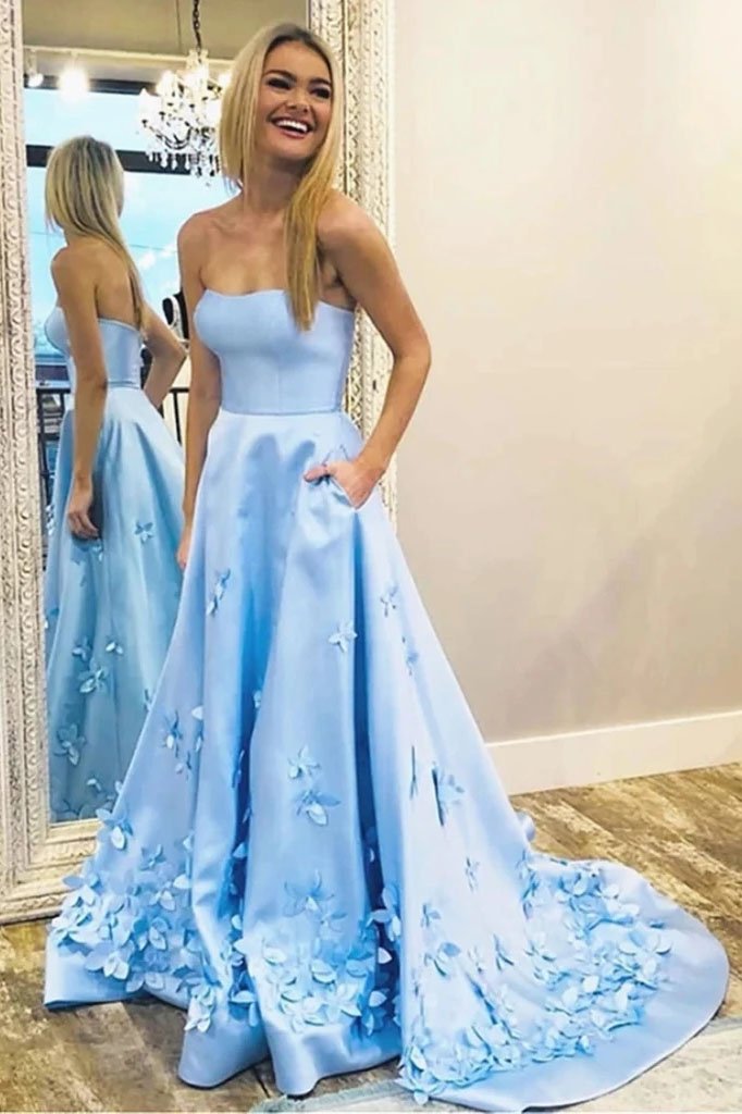 Princess A Line Strapless Blue Satin Sleeveless Prom Dresses with Pockets, Evening Dresses SRS15285