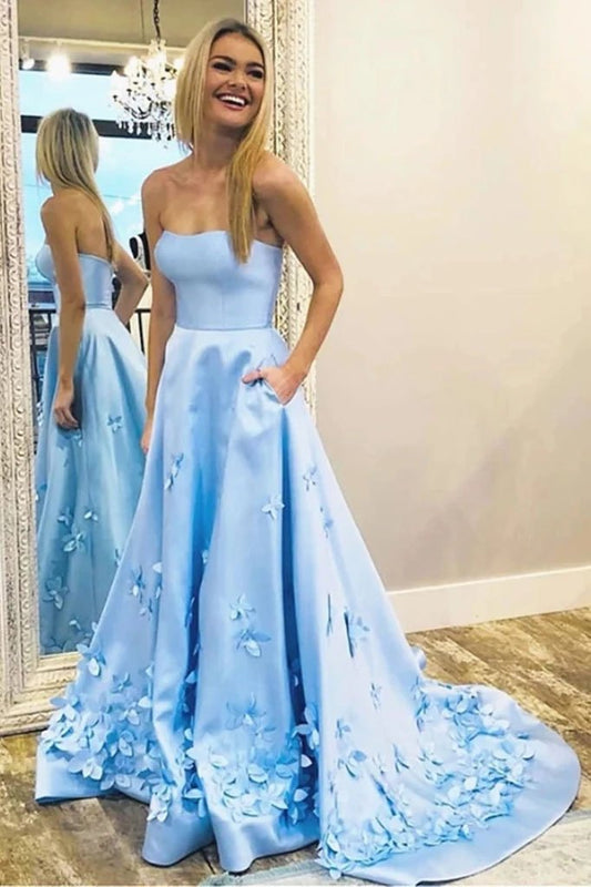 Princess A Line Strapless Blue Satin Sleeveless Prom Dresses with Pockets, Evening Dresses SRS15285