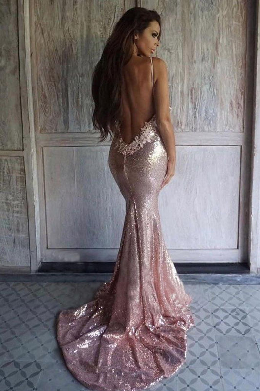 Sexy Rose Gold Sequins Mermaid Long Prom Dresses Spaghetti Straps Backless Party Dresses SRS15349