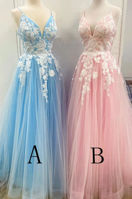 New Spaghetti Strap Floor Length A Line Tulle Prom Dress With Appliques Formal SRSP3CZ9RMF
