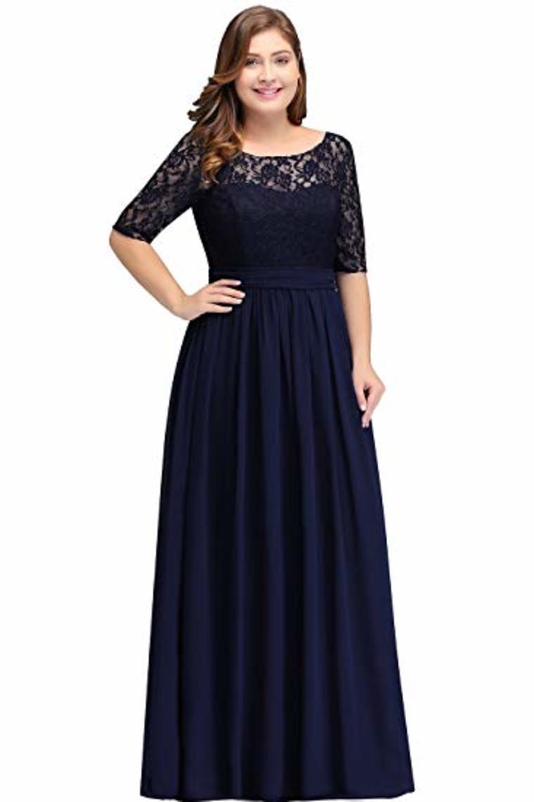 Plus Size Lace Chiffon With Half Sleeves Elegant Long Ball Evening Dress