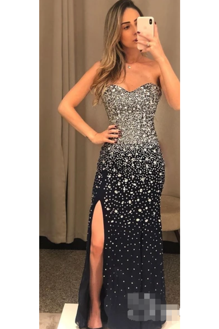 Sexy Mermaid Sweet Heart Neck Black Chiffon Evening Dress Sparkly Long Prom SRSP1FHYMHR