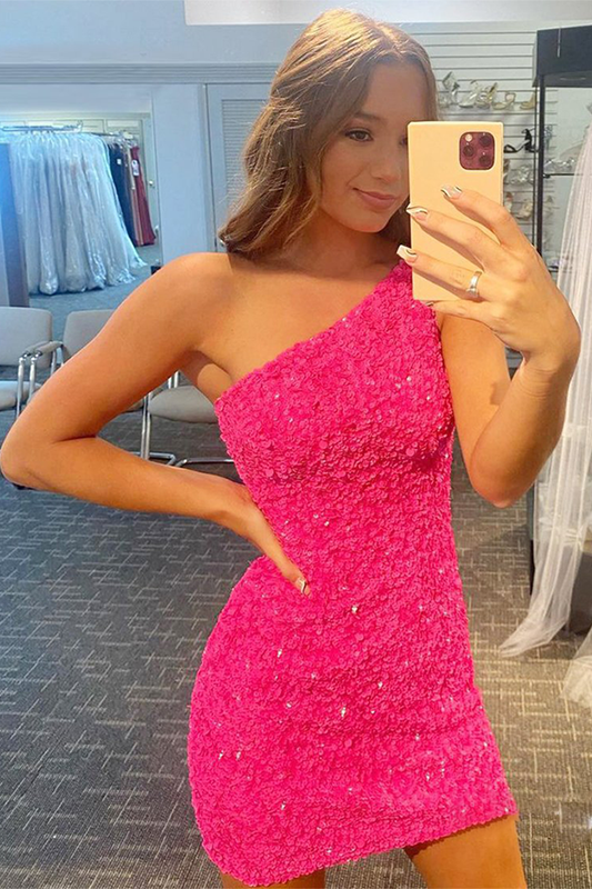 Glitter One-Shoulder Homecoming Dresses Fernanda Pink Hot With Sequins