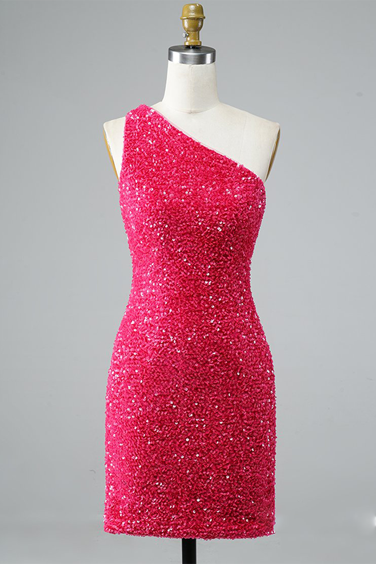 Glitter One-Shoulder Homecoming Dresses Fernanda Pink Hot With Sequins