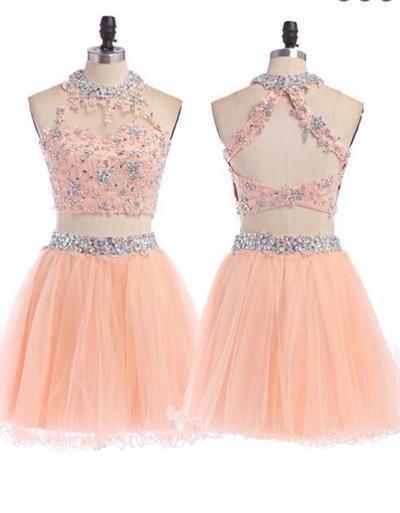 Peach Homecoming dress 2 pieces homecoming dress short homecoming dress RS897
