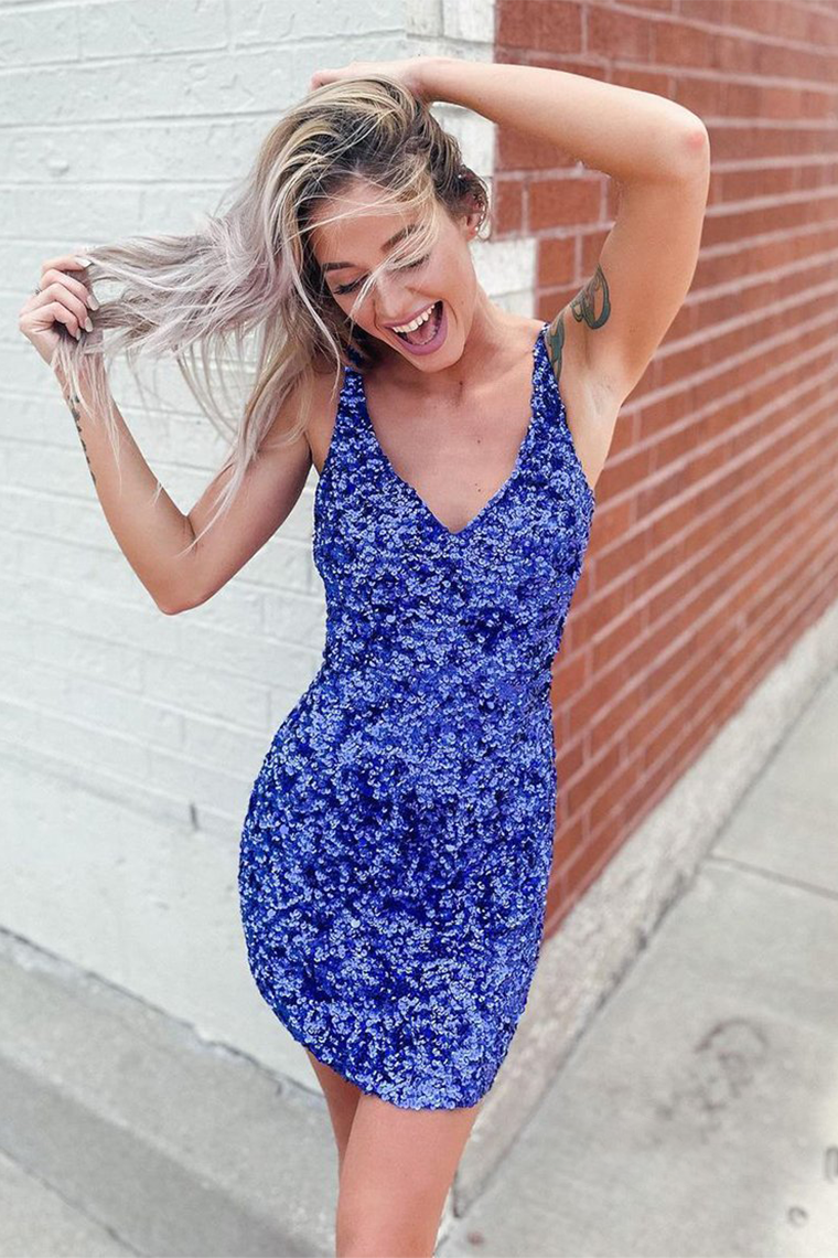 Glitter Blue Sequins Short Prom Dress Party Homecoming Dresses Vera Dress