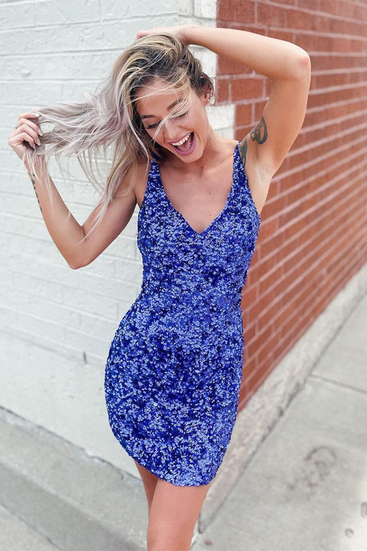 Glitter Blue Sequins Short Prom Dress Party Homecoming Dresses Vera Dress