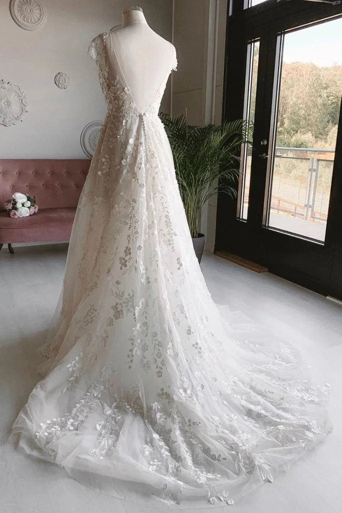 Elegant A-line V-neck Long Prom Dresses Appliques Backless Wedding Dresses SRS15154