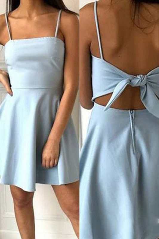 A-Line Spaghetti Straps Short Kamari Homecoming Dresses Satin Blue