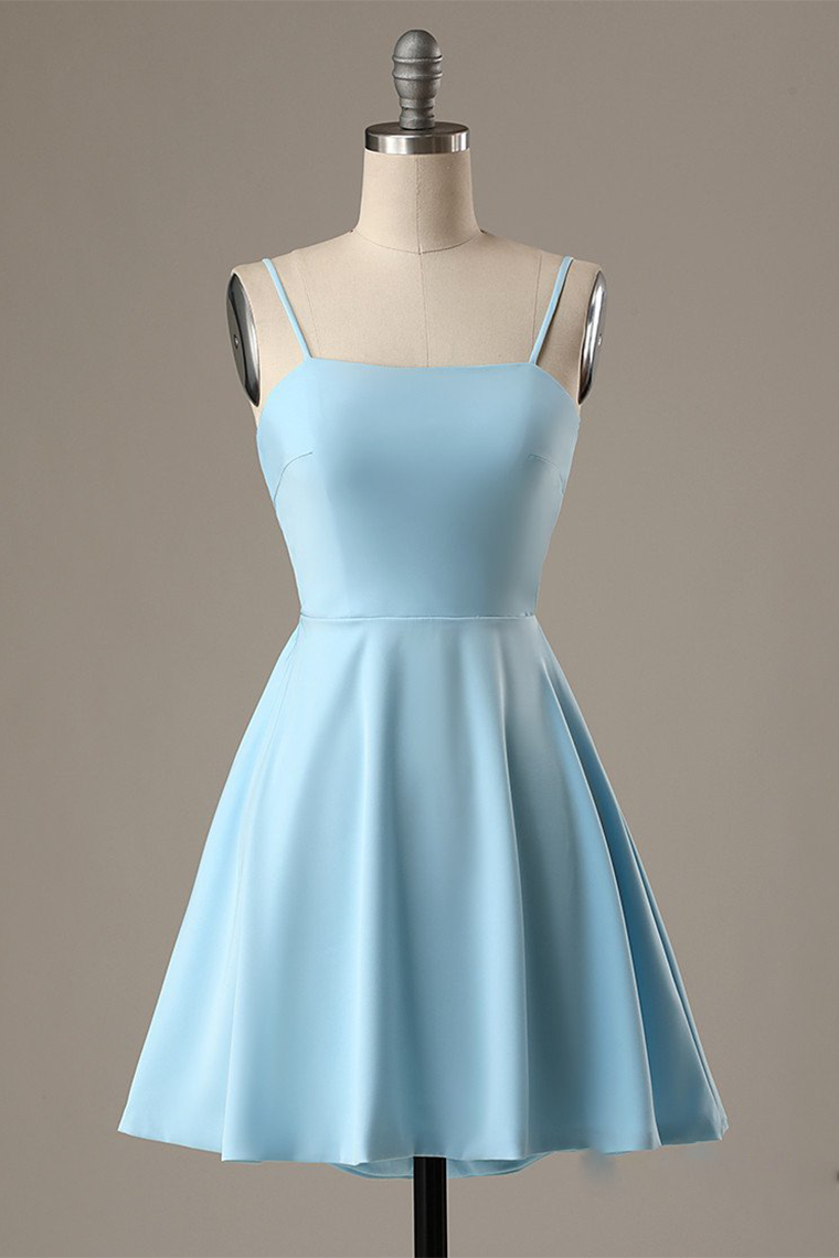 A-Line Spaghetti Straps Short Kamari Homecoming Dresses Satin Blue