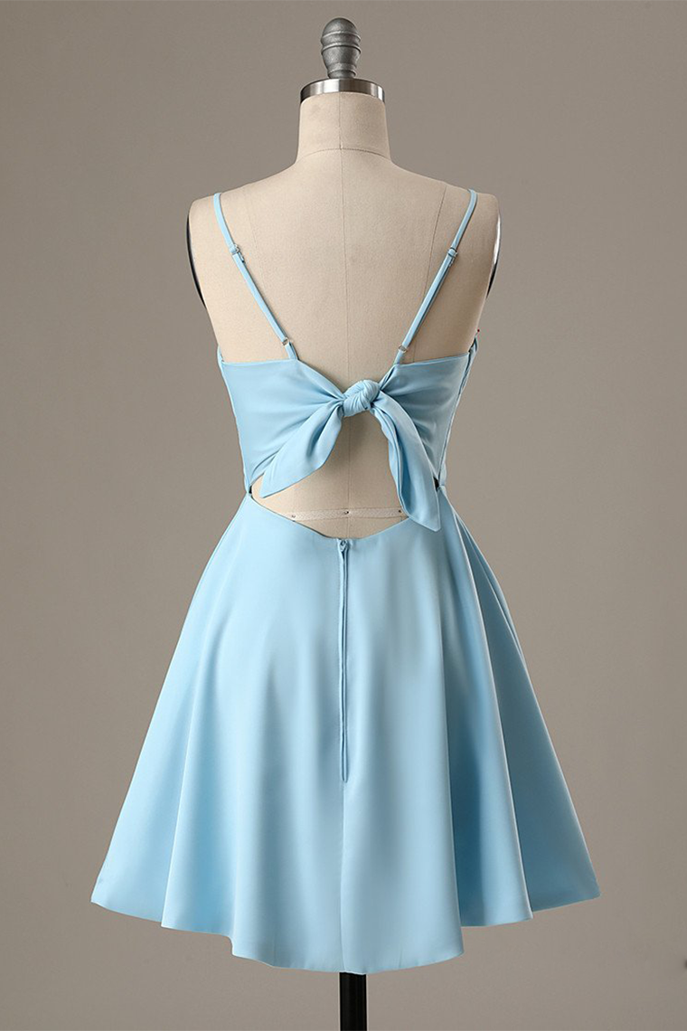 A-Line Spaghetti Straps Short Kamari Homecoming Dresses Satin Blue