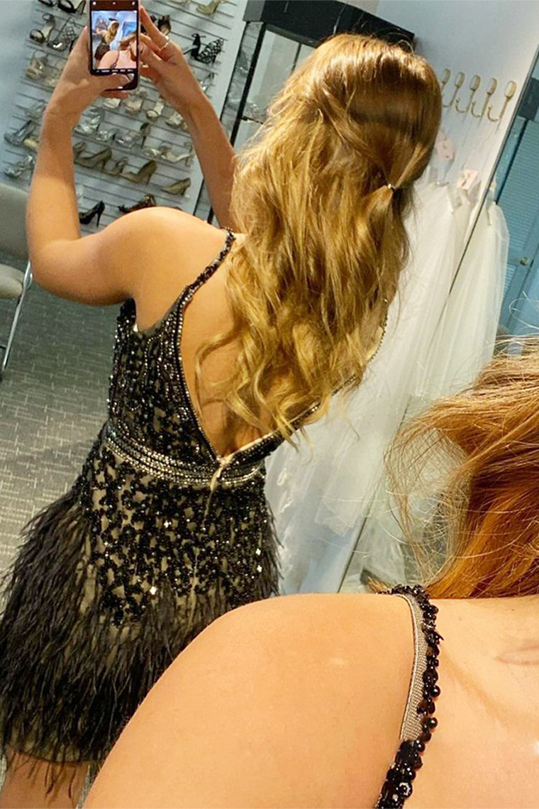 Emilee Homecoming Dresses Glitter V-Neck Black Tassel Gorgeous Party Dress