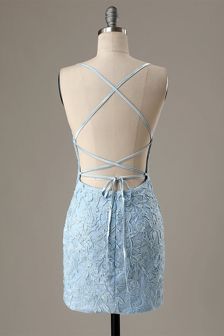 Hot Selling Homecoming Dresses Averie Sheath Blue Short With Appliques