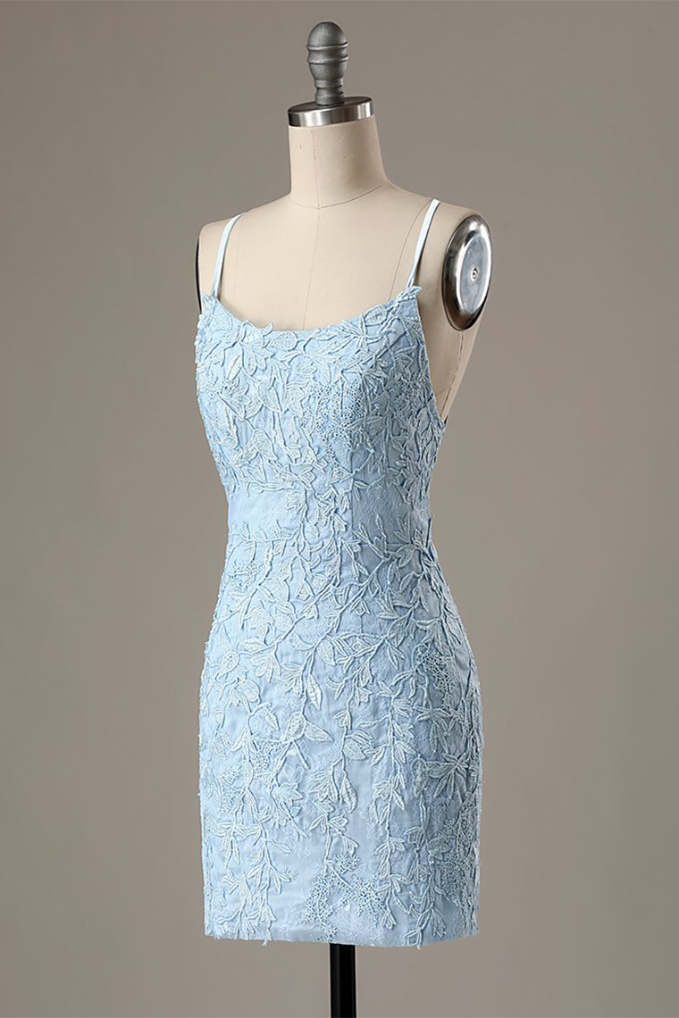 Hot Selling Homecoming Dresses Averie Sheath Blue Short With Appliques
