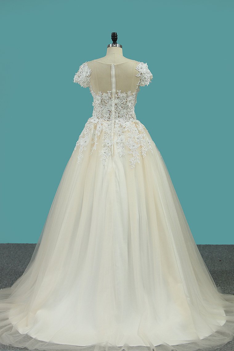 2024 Scoop Short Sleeve With Applique Tulle Court Train Wedding Dresses