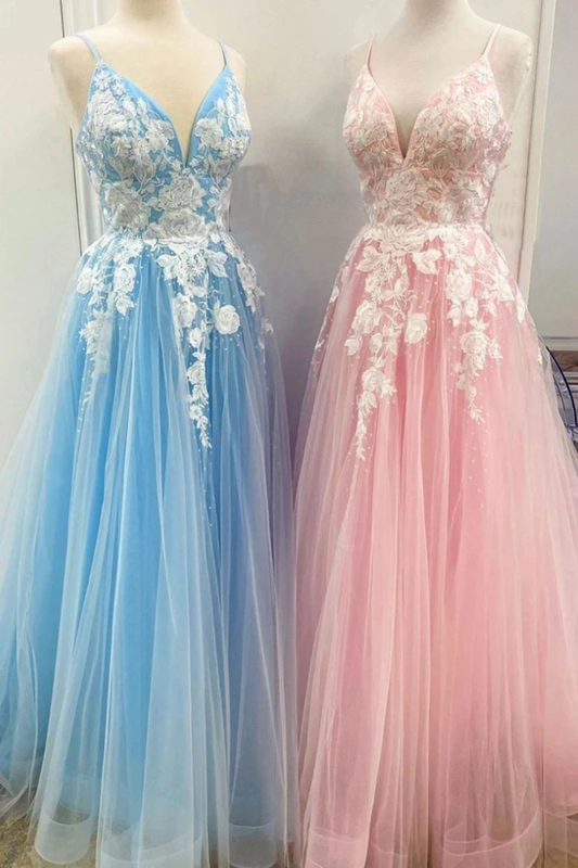 New Spaghetti Strap Floor Length A Line Tulle Prom Dress With Appliques Formal SRSP3CZ9RMF