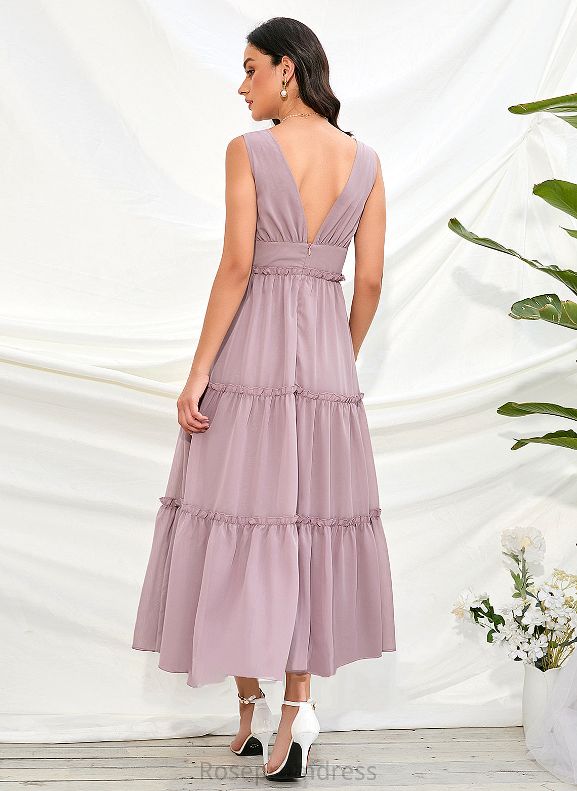 Neckline A-Line Polyester Length Silhouette Straps Fabric V-neck Tea-Length Annabel A-Line/Princess Natural Waist Bridesmaid Dresses