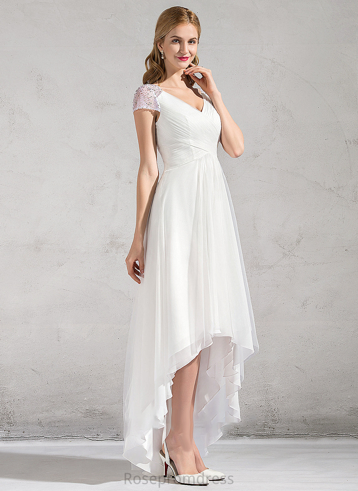 Beading Ruffle With V-neck Dress Asymmetrical A-Line Wedding Tulle Julianne Sequins Wedding Dresses