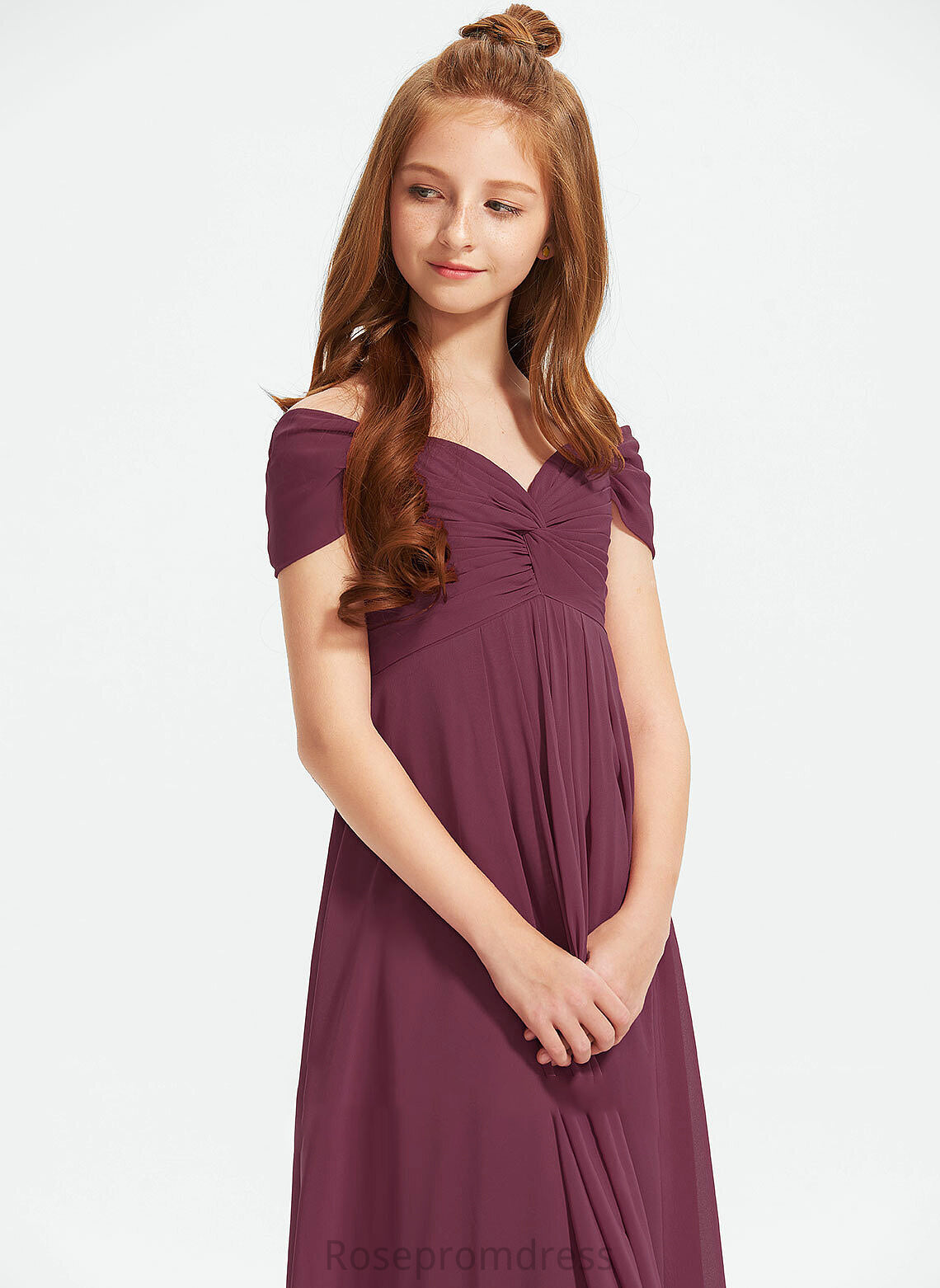 Ruffle Chiffon Floor-Length Juliet Junior Bridesmaid Dresses Off-the-Shoulder With A-Line