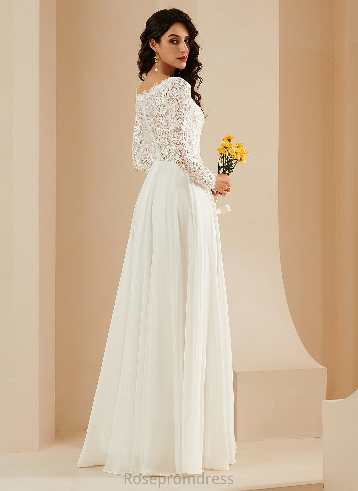 Chasity Train Wedding Dresses Wedding Lace A-Line With V-neck Sweep Chiffon Dress