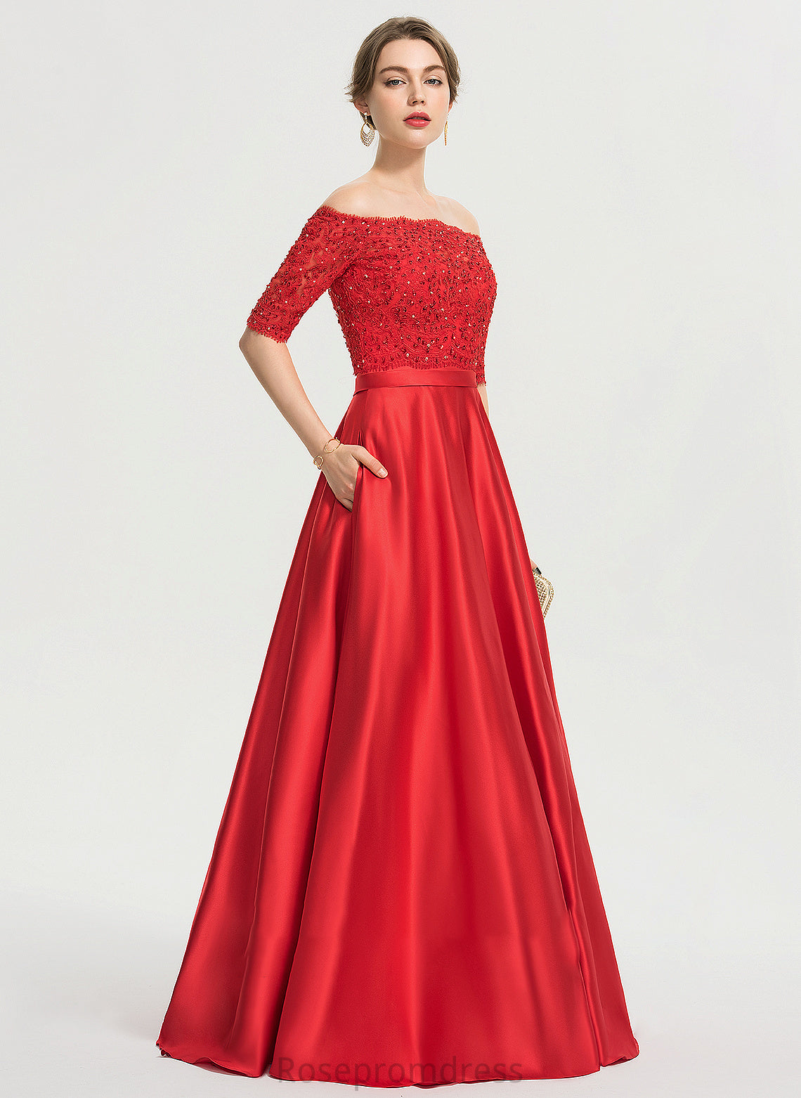 Pockets Parker Floor-Length Satin Beading Sequins Prom Dresses Sweetheart With Ball-Gown/Princess
