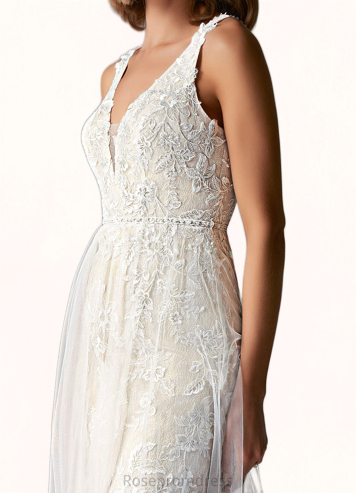 Angeline A-Line Sequins Lace Sweep Train Dress SRSP0020106