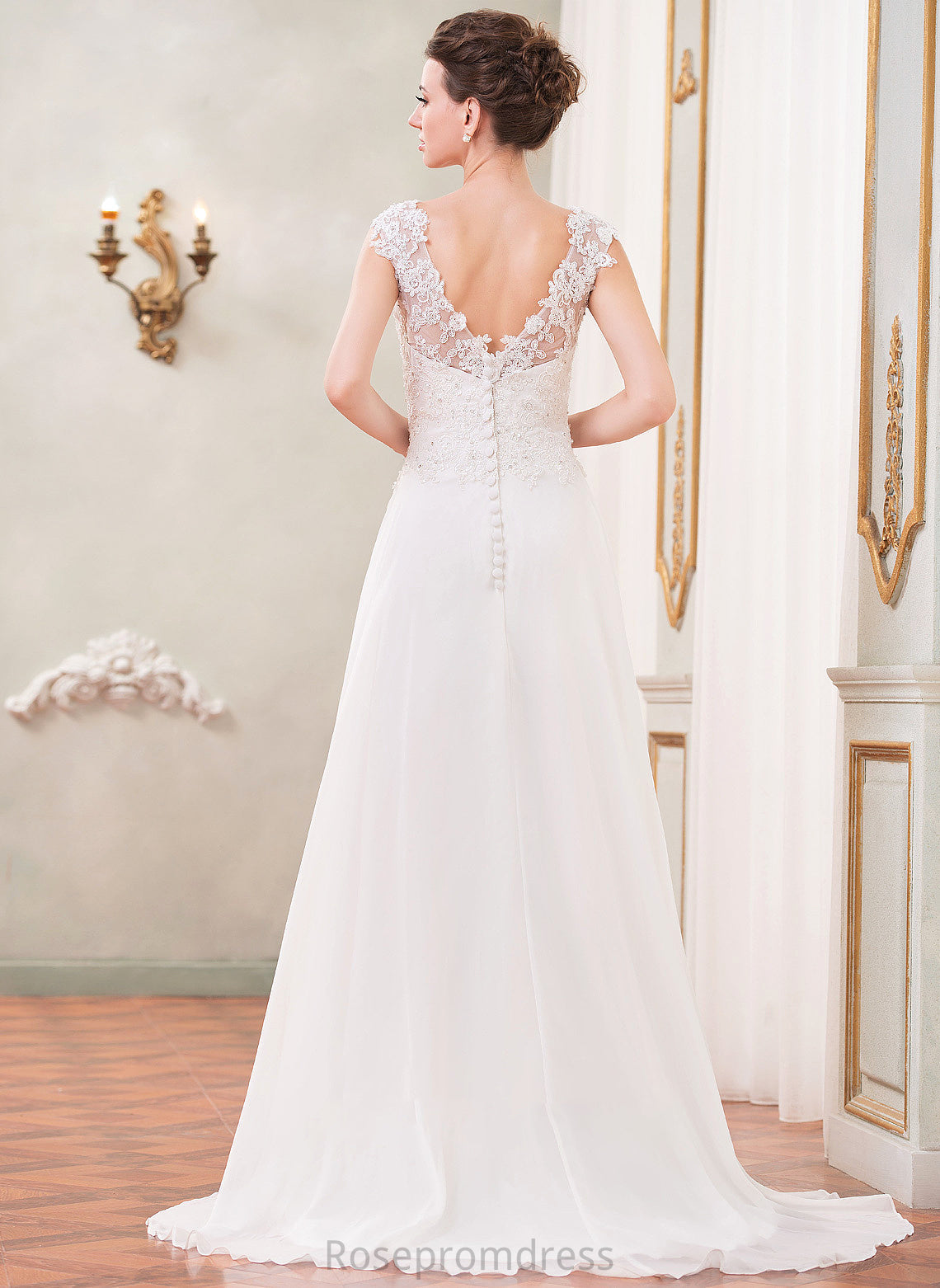 Emilee Wedding Dresses V-neck A-Line With Sweep Beading Wedding Train Lace Dress Sequins Chiffon