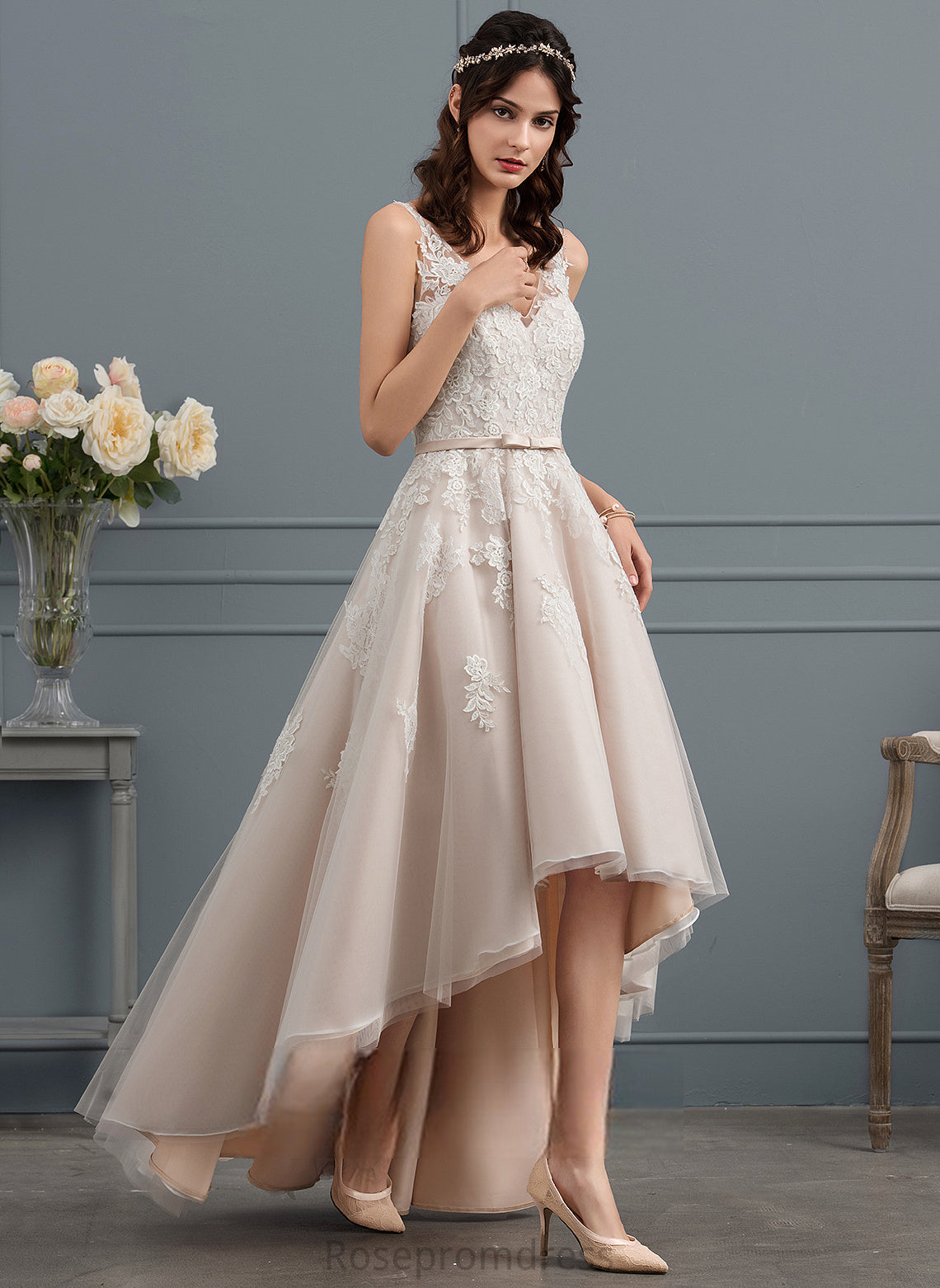 Dress Lena Asymmetrical Wedding Dresses Bow(s) Satin With Lace Wedding A-Line V-neck Tulle