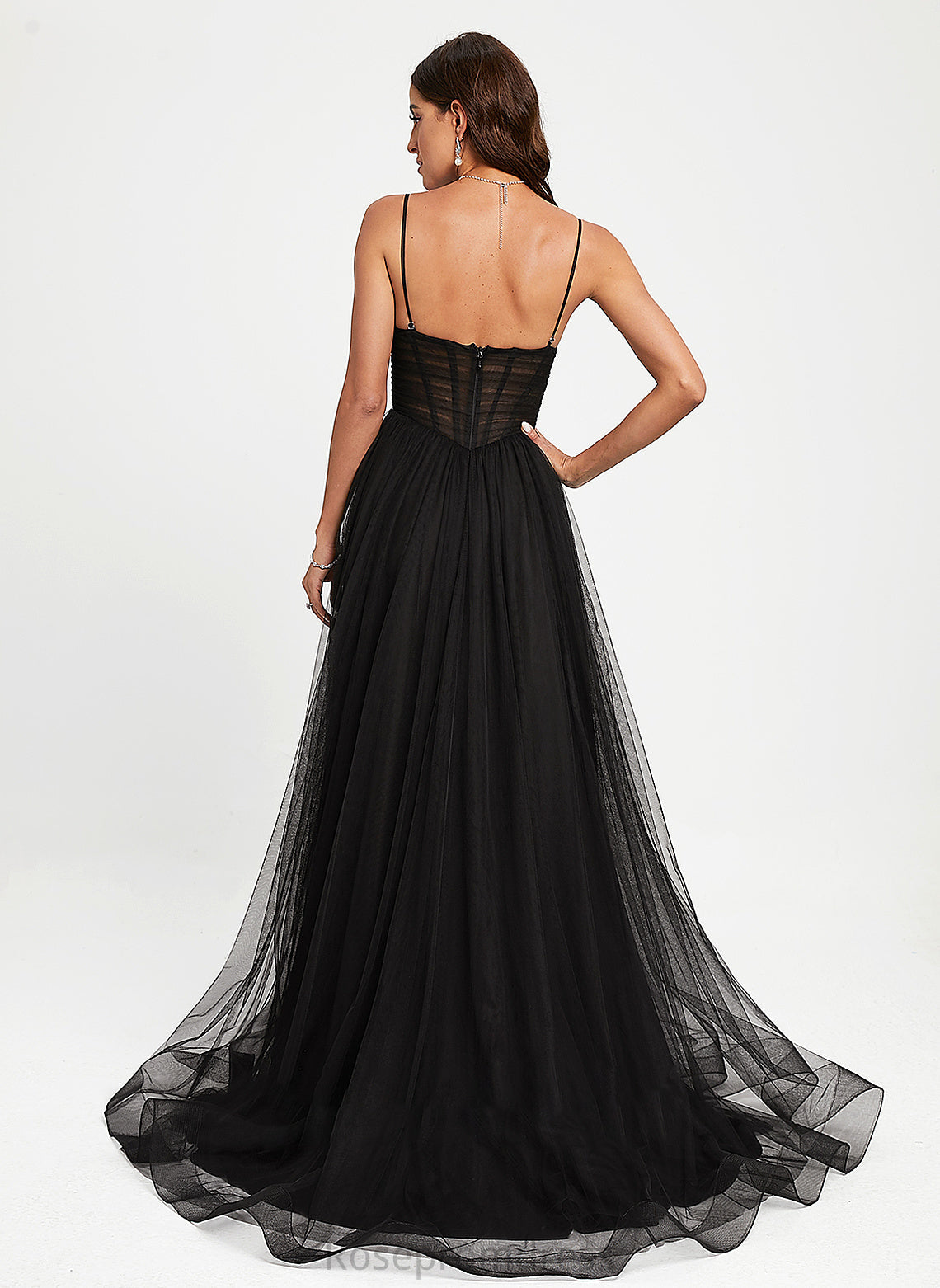 Megan Pleated V-neck Train Ball-Gown/Princess Prom Dresses Sweep With Tulle