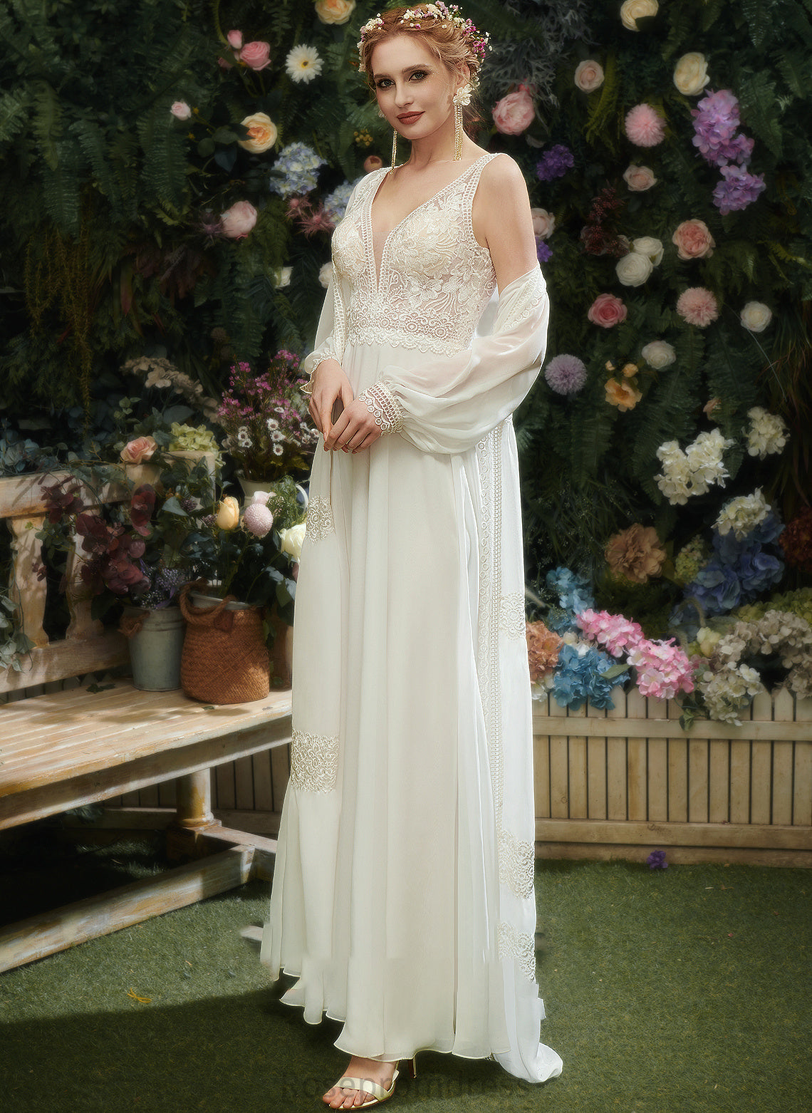 Karlie Front V-neck Dress A-Line Sequins With Wedding Floor-Length Lace Wedding Dresses Split
