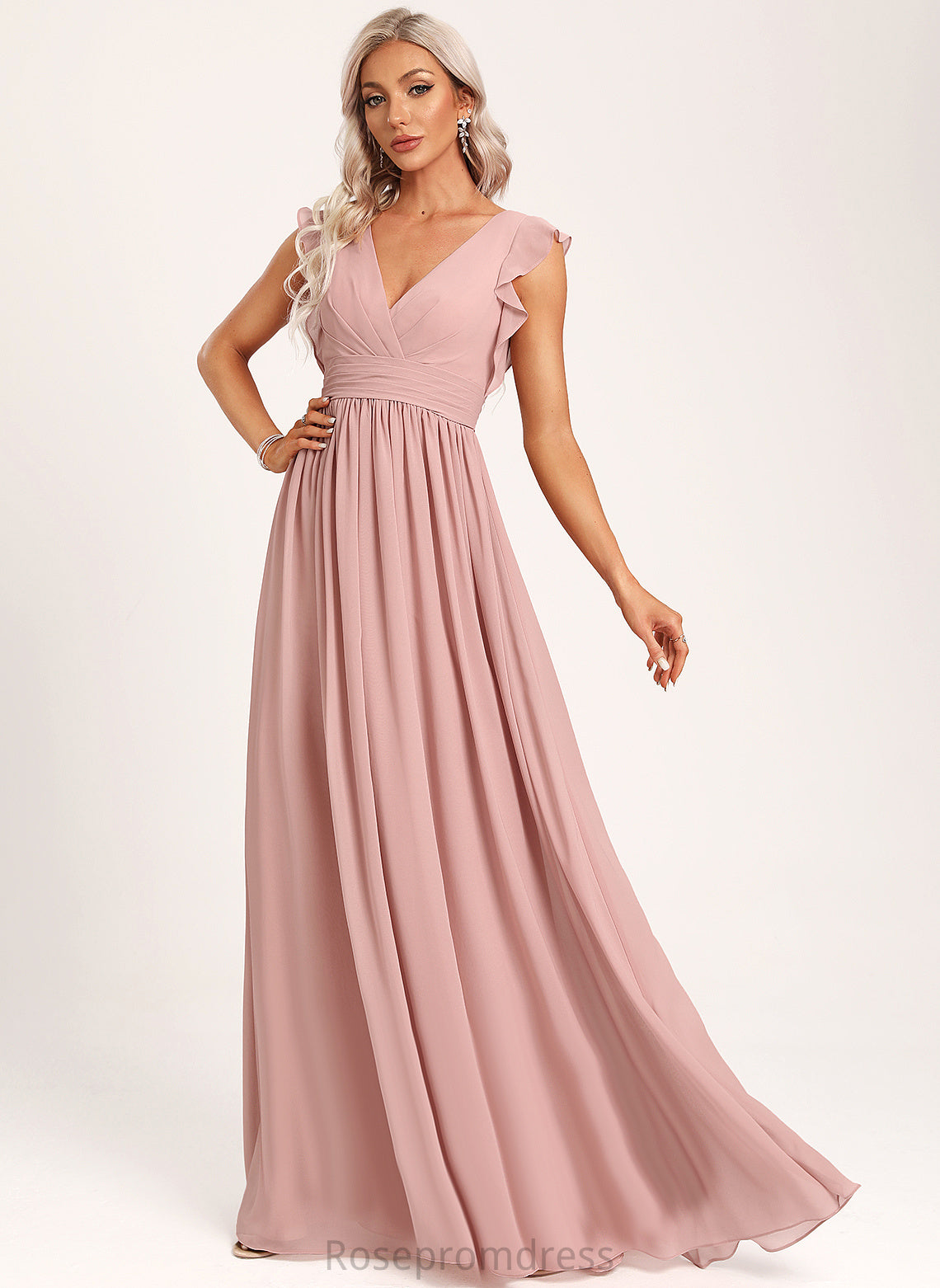 Fabric A-Line Embellishment Silhouette V-neck Neckline Length Floor-Length Ruffle Rayne A-Line/Princess Natural Waist Bridesmaid Dresses