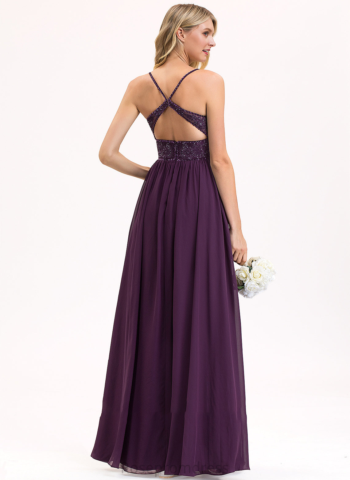 Floor-Length Sequins Neckline Beading Length Fabric A-Line V-neck Silhouette Embellishment Angel Sleeveless Bridesmaid Dresses