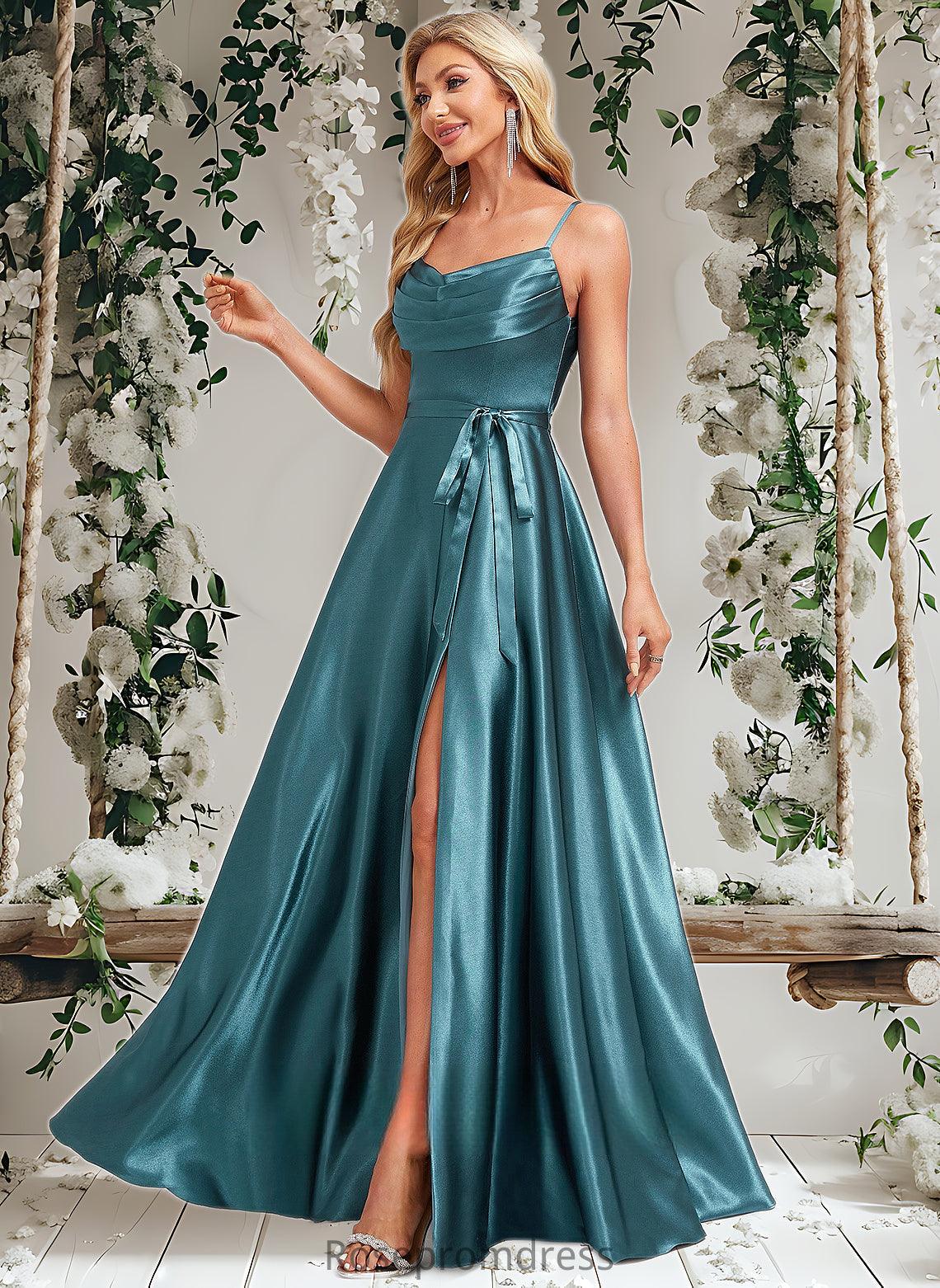 Kailyn A-line Cowl Floor-Length Stretch Satin Bridesmaid Dress With Ruffle DSP0025781